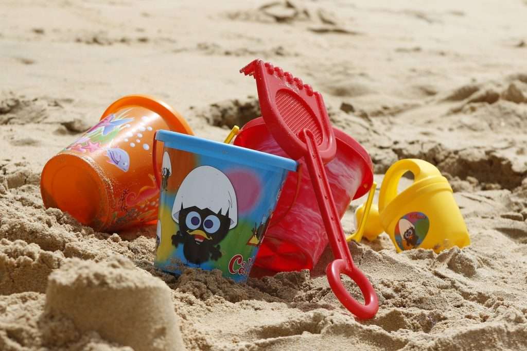 bucket, toys, sand